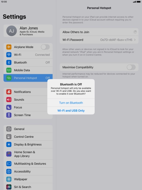 If Wi-Fi is turned on, press Wi-Fi and USB Only.