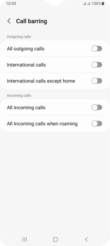 Press the indicator next to the required barring type to turn the function on or off.