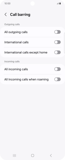 Press the indicator next to the required barring type to turn the function on or off.