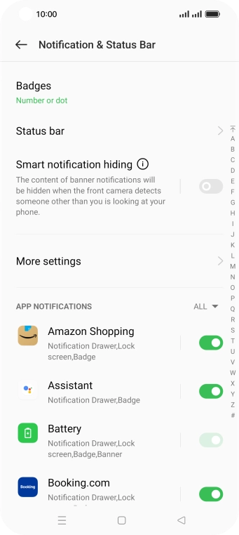 Press the indicator next to the required apps to turn the function on or off.