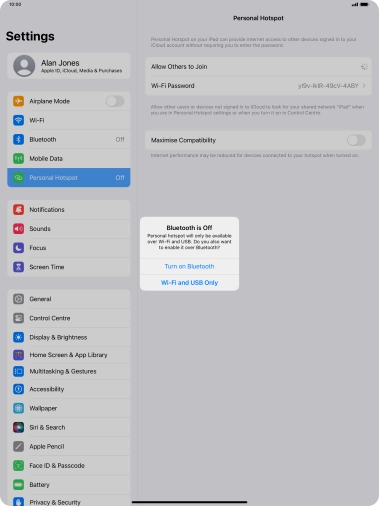 If Wi-Fi is turned on, press Wi-Fi and USB Only.