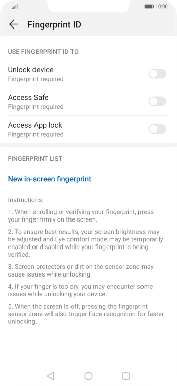 Press New in-screen fingerprint.