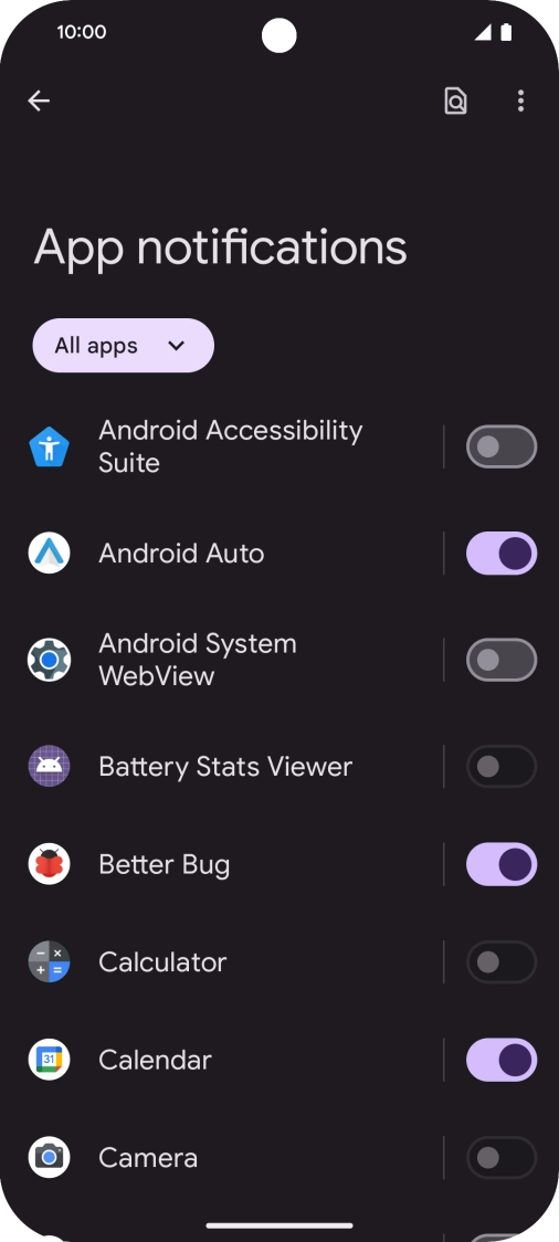 Press the indicator next to the required apps to turn the function on or off.