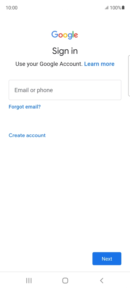 If you don't have a Google account, press Create account and follow the instructions on the screen to create an account.