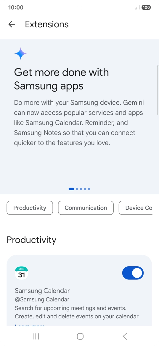 Press the indicator next to the required extension to turn on the function.