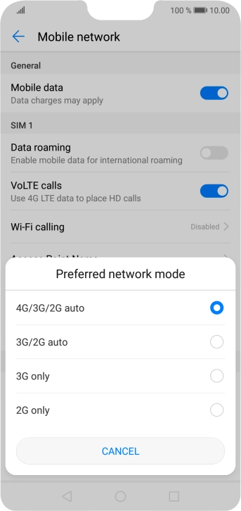 Press the required network mode.