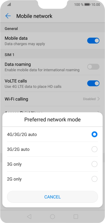 Press the required network mode.