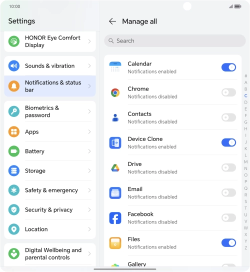 Press the indicators next to the required apps to turn the function on or off.
