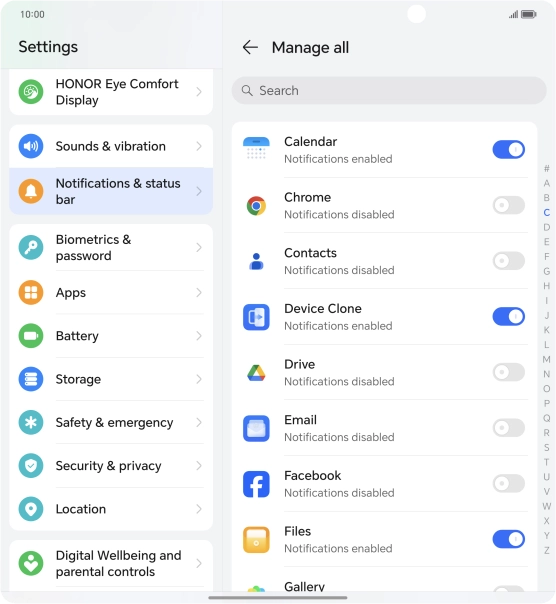 Press the indicators next to the required apps to turn the function on or off.