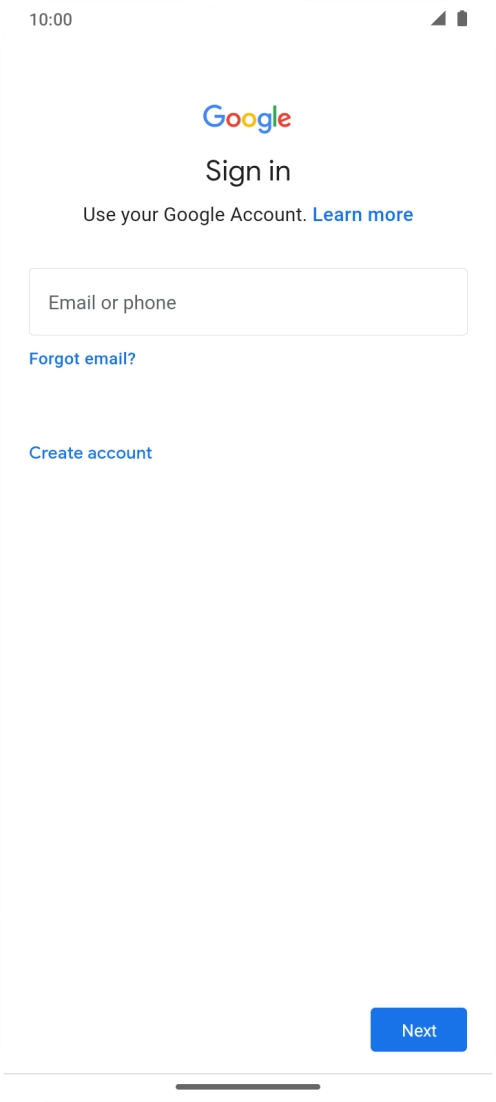 If you don't have a Google account, press Create account and follow the instructions on the screen to create an account.