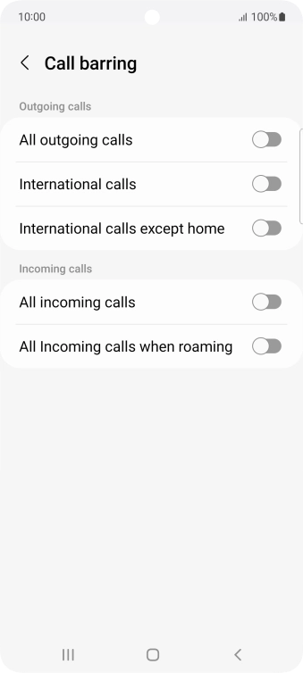 Press the indicator next to the required barring type to turn the function on or off.
