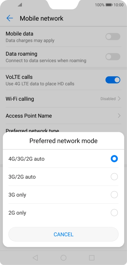 Press the required network mode.