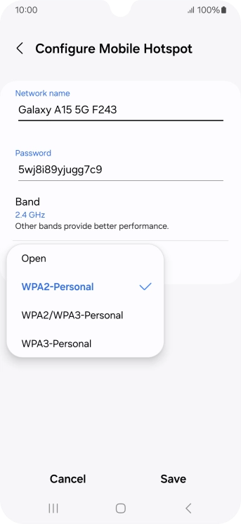 Press WPA3-Personal to password protect your Wi-Fi hotspot.