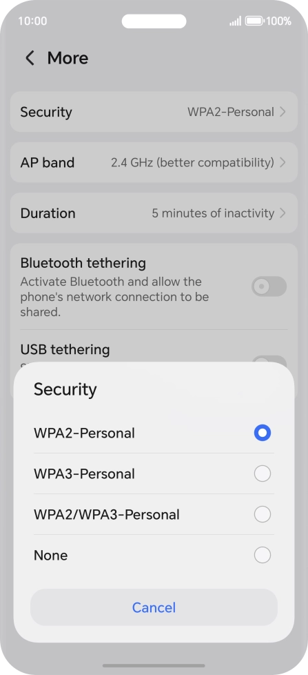 Press WPA3-Personal to password protect your Wi-Fi hotspot.