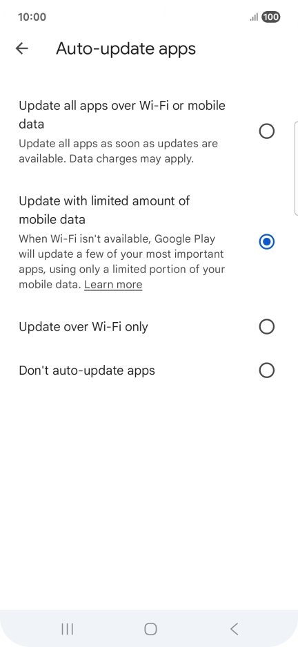To turn on automatic update of apps using mobile network, press Update all apps over Wi-Fi or mobile data.