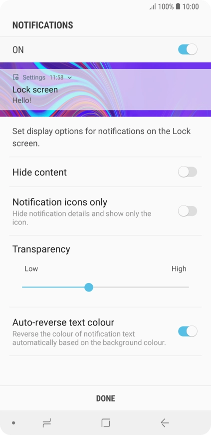 Press the indicator next to the required settings to turn them on.