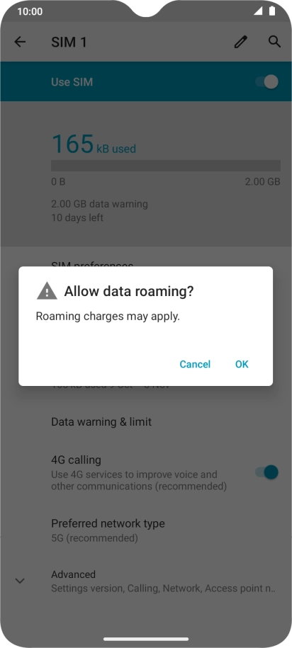If you turn on data roaming, press OK.