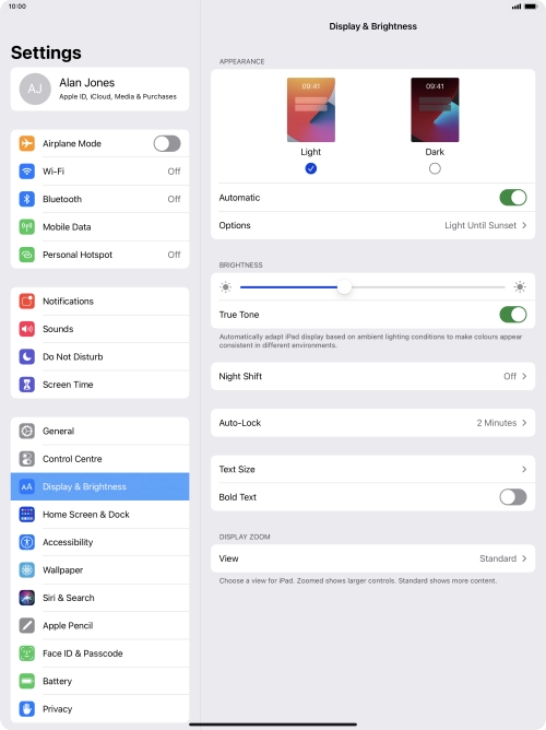 If you turn on the function, press Options and follow the instructions on the screen to select the required period of time for Dark Mode.