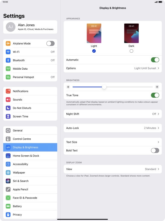 If you turn on the function, press Options and follow the instructions on the screen to select the required period of time for Dark Mode.