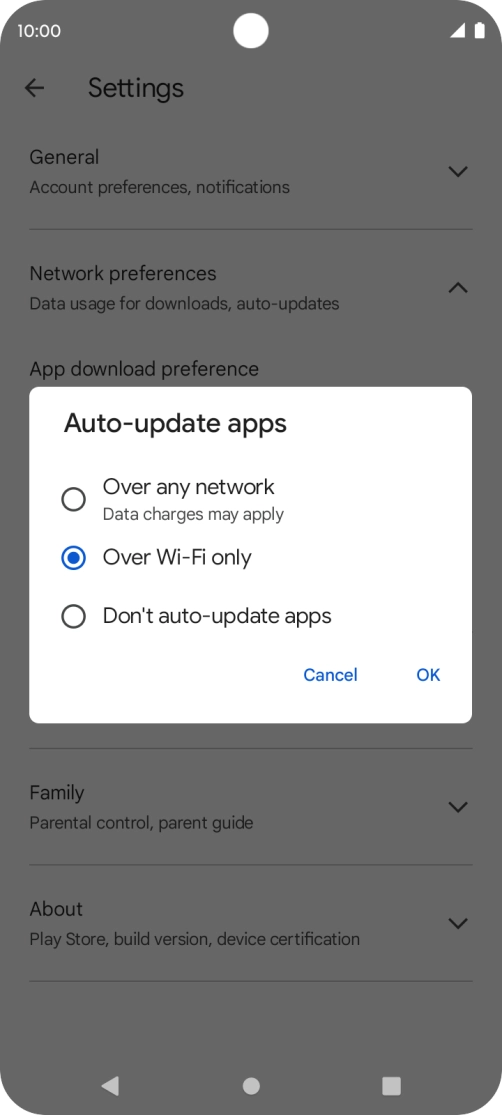 To turn on automatic update of apps using mobile network, press Over any network.