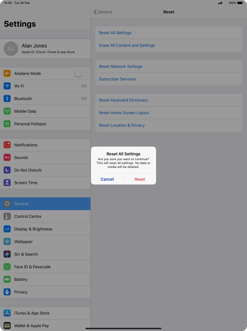 Press Reset. Wait a moment while the factory default settings are restored. Follow the instructions on the screen to set up your tablet and prepare it for use.