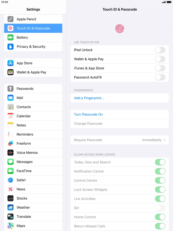 Press Turn Passcode On and key in a lock code of your own choice twice.
