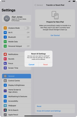 Press Reset. Wait a moment while the factory default settings are restored. Follow the instructions on the screen to set up your tablet and prepare it for use.