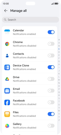 Press the indicators next to the required apps to turn the function on or off.