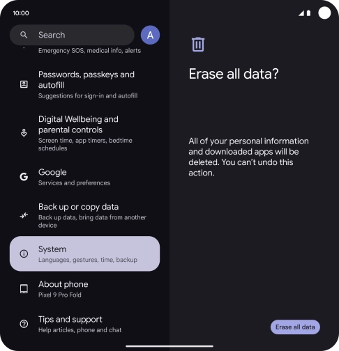 Press Erase all data. Wait a moment while the factory default settings are restored. Follow the instructions on the screen to set up your phone and prepare it for use.