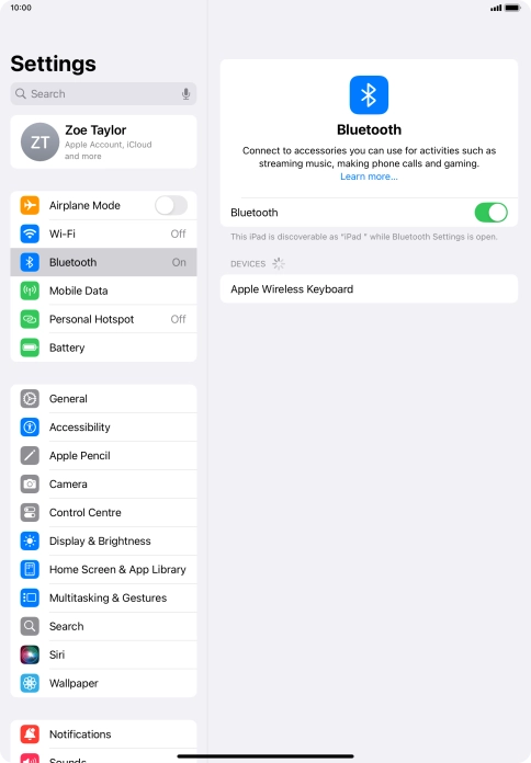 Press the required Bluetooth device and follow the instructions on the screen to pair the device with your tablet.