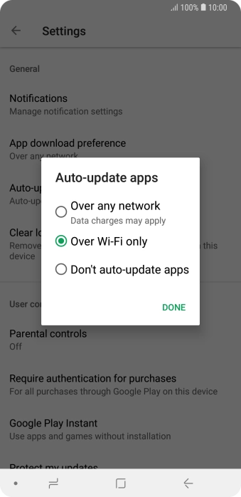 To turn on automatic update of apps using mobile network, press Over any network. Data charges may apply.