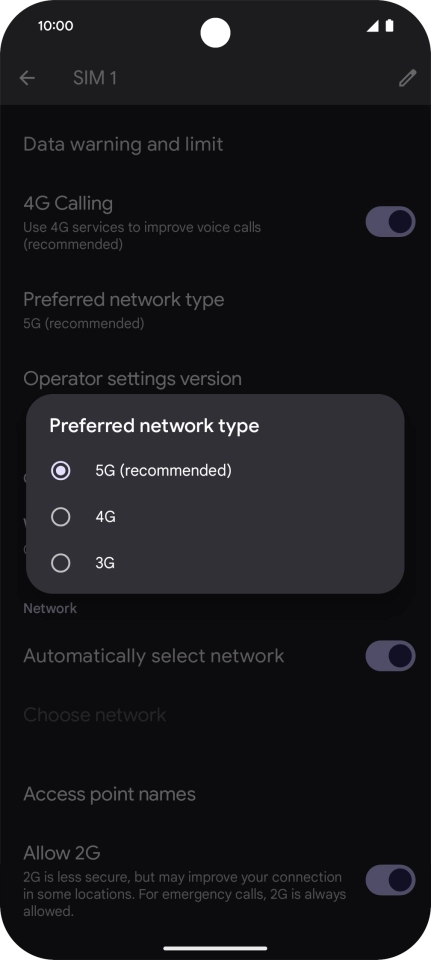 Press the required network mode.