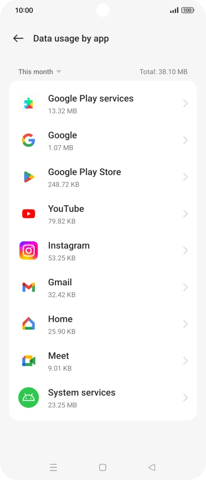 The data usage for each application is displayed below the name of the application.