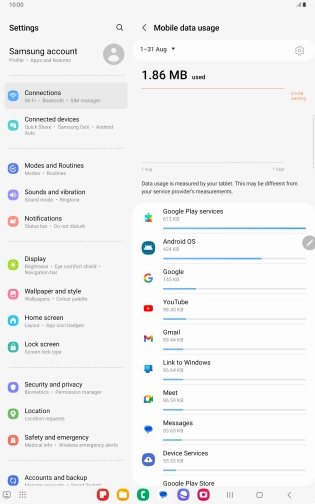 The data usage for each application is displayed below the name of the application.