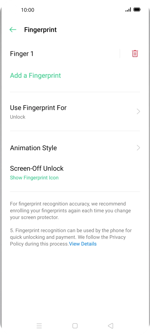 Press the delete icon next to the required fingerprint.