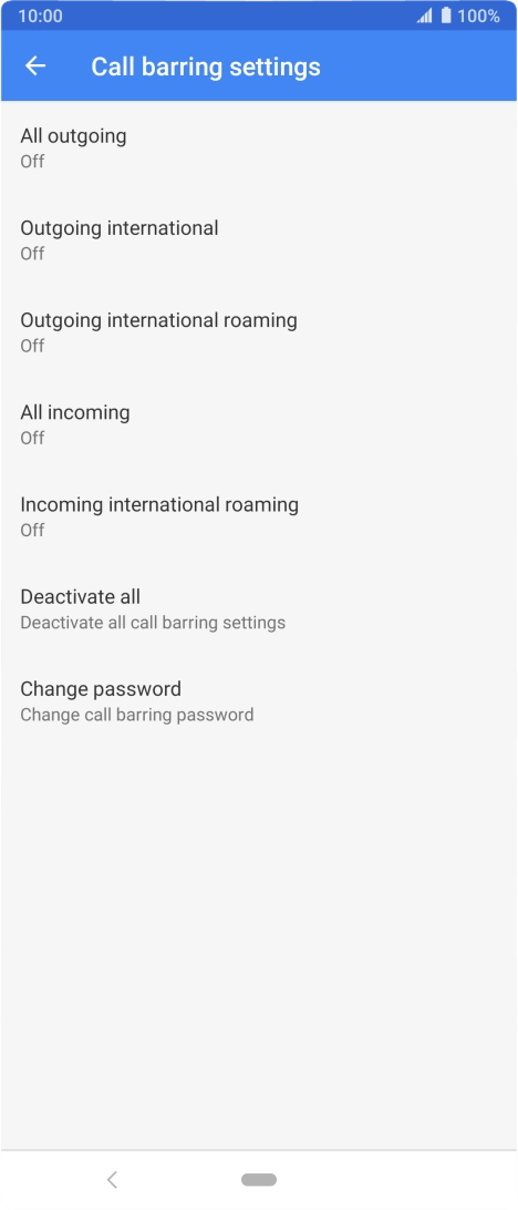 Press the required barring type to turn the function on or off.
