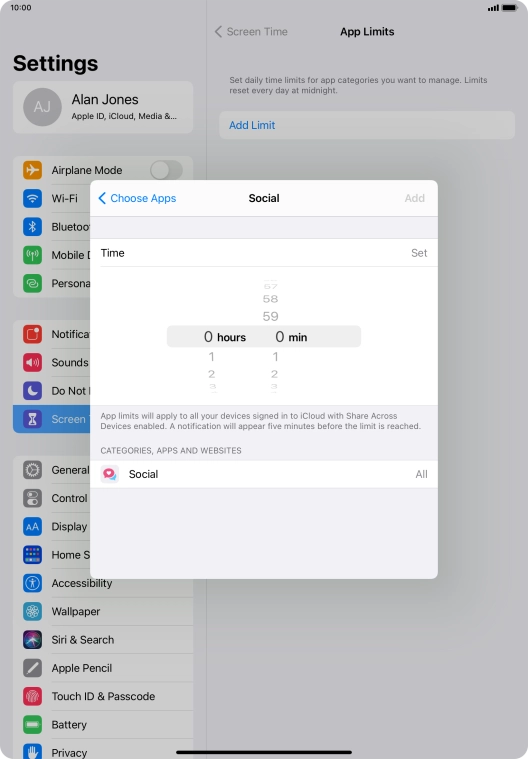 Set the required time limit for use of the selected category.