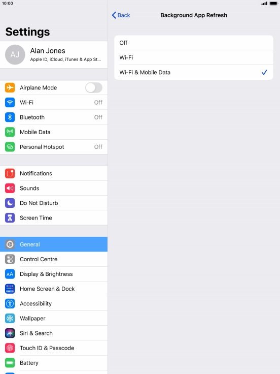 To turn off background refresh of apps, press Off.