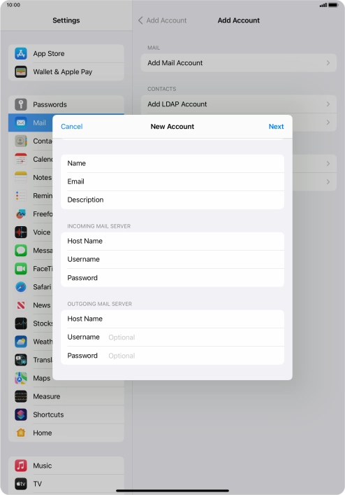 Press Username and key in the username for your email account.