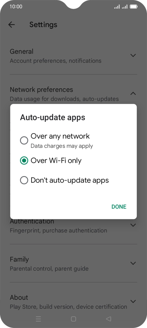 To turn on automatic update of apps using mobile network, press Over any network.