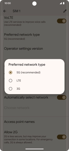 Press the required network mode.