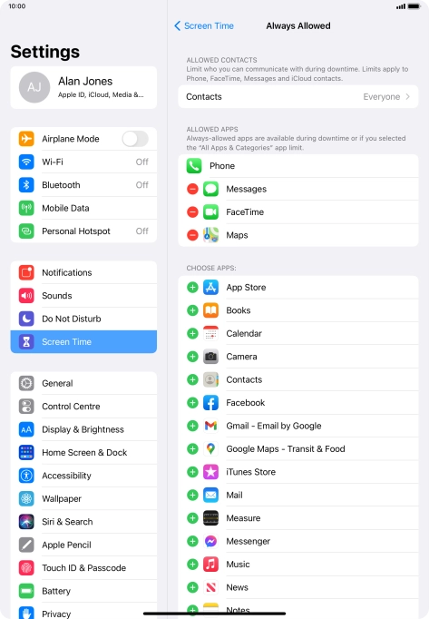 Press the add icon next to the required app to add it to the list of allowed apps during Downtime.