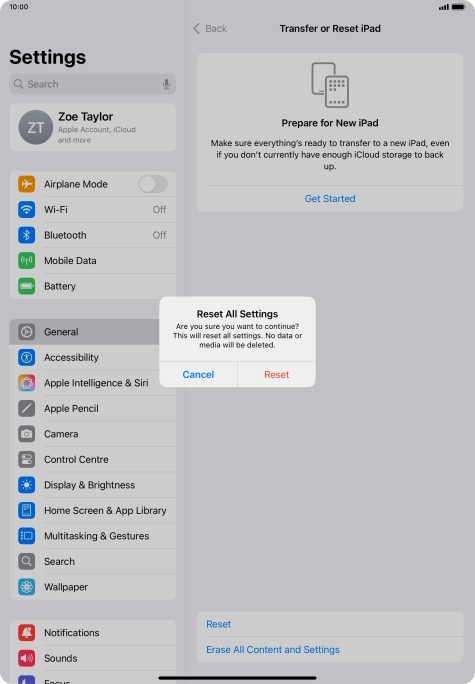 Press Reset. Wait a moment while the factory default settings are restored. Follow the instructions on the screen to set up your tablet and prepare it for use.