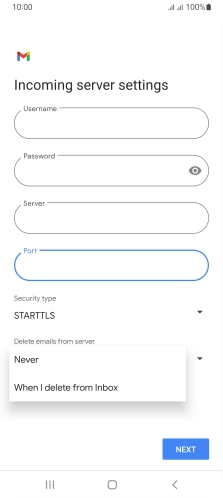 Press Never to keep email messages on the server when you delete them on your phone.
