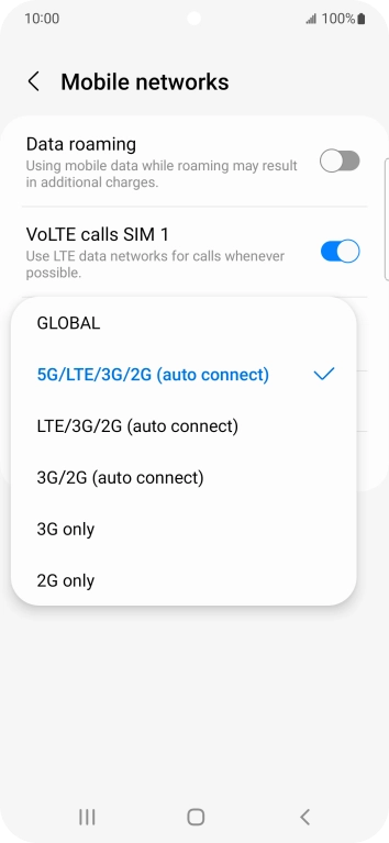 Press the required network mode.