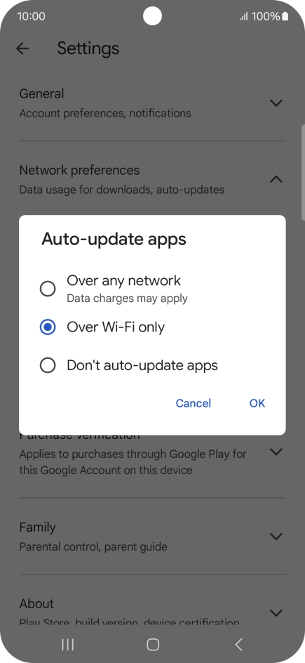 To turn on automatic update of apps using mobile network, press Over any network.