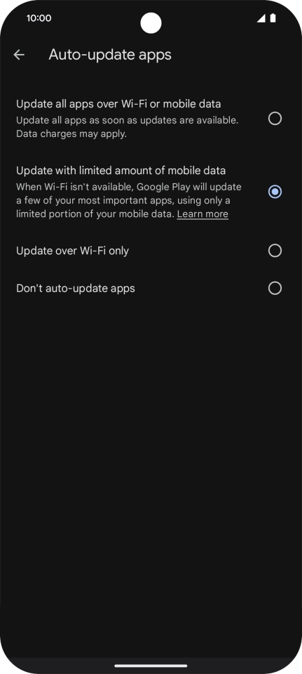 To turn on automatic update of apps using mobile network, press Update all apps over Wi-Fi or mobile data.