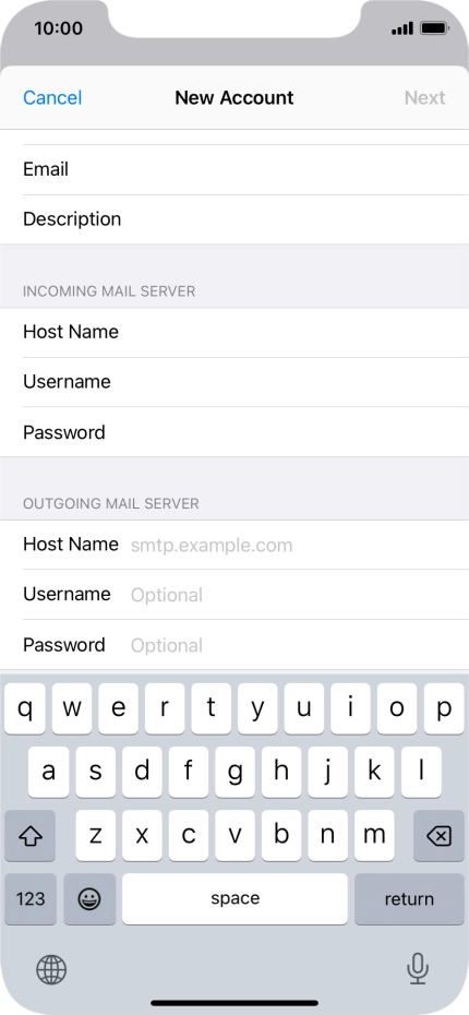 Press Host Name and key in the name of your email provider's outgoing server.