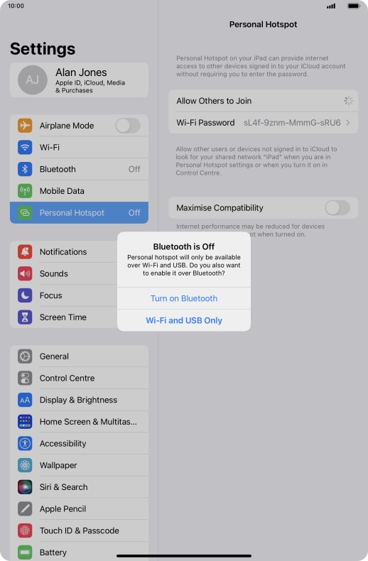 If Wi-Fi is turned on, press Wi-Fi and USB Only.