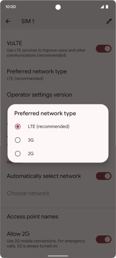 Press the required network mode.